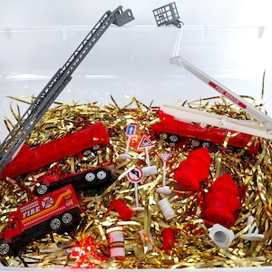 Kids firefighter sensory bin, sensory play, emergency truck play box