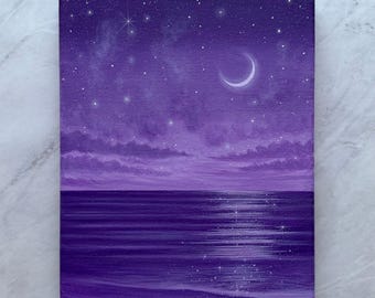 Mareas Púrpuras Encantadas – Pintura del Océano con Luna Púrpura, Arte Acrílico Original sobre Lienzo de 8x10