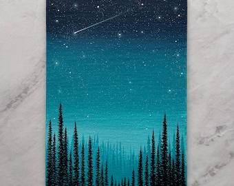 Aqua-nachtval | 5 x 7 origineel acrylschilderij, blauwgroen nachtelijke hemel boskunst