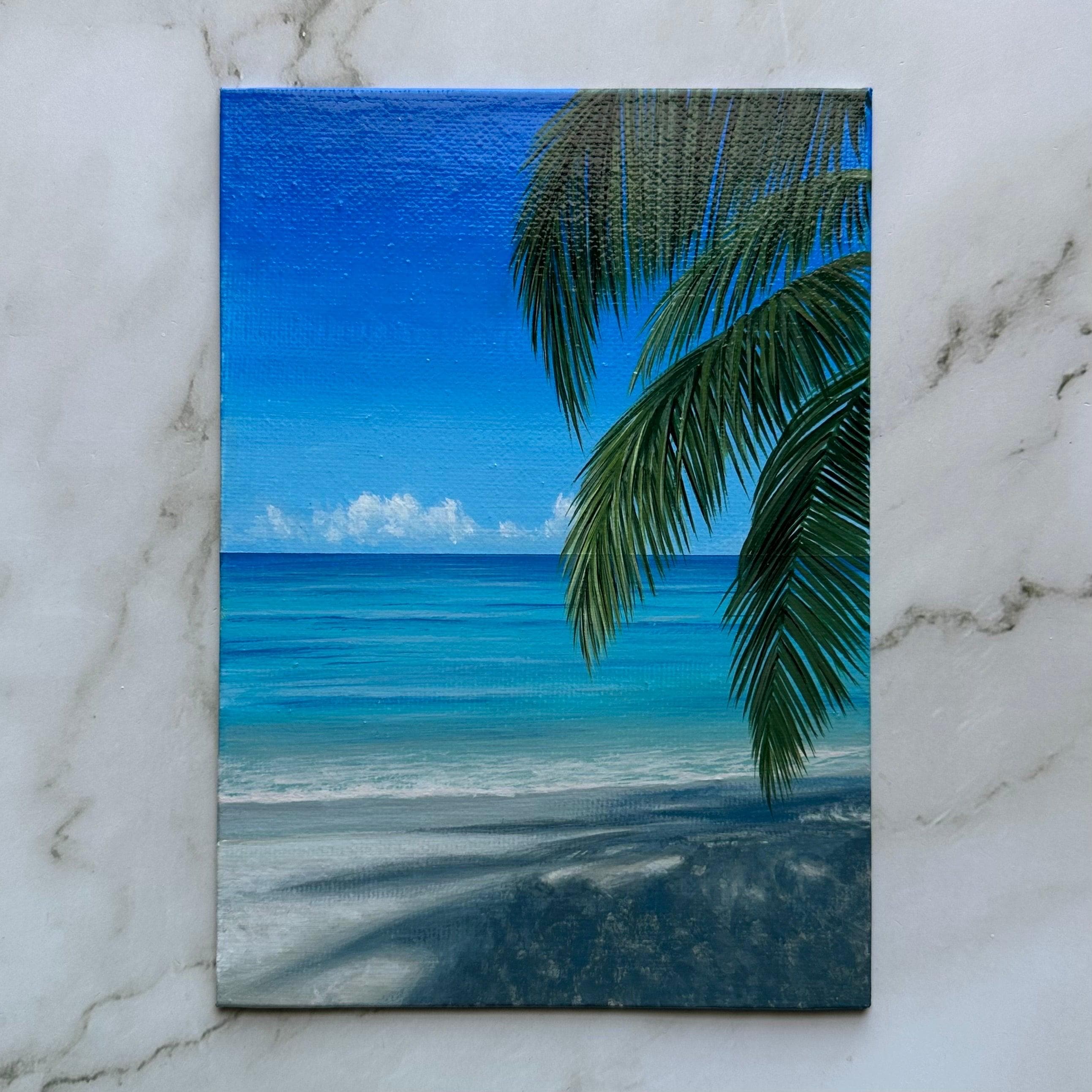 Original Tropical Beach Painting, Ocean Seascape, Palm Tree Coastal Art ...