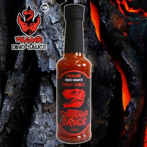 Vulkanische Dinosaurier-Hot-Sauce, Geist-Chili- und Knoblauch-Chilli-Sauce, leckere Geschenke zum Thema Spicy Jurassic.