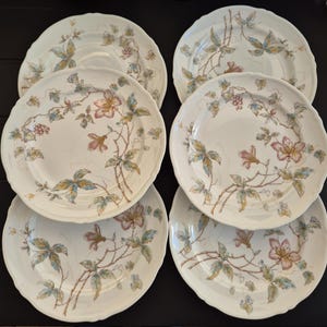 May include: A set of six white ceramic plates with scalloped edges, each featuring a delicate botanical illustration of pink flowers, green and blue leaves, and brown stems arranged in a trailing pattern across the surface of the dinnerware.