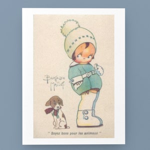 Artist Beatrice Mallet, Be good to animals Old illustration, vintage postcard. Children's decor