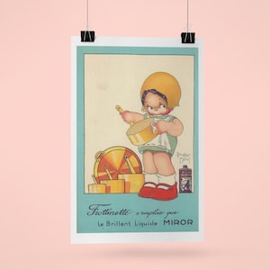 Artist Béatrice Mallet, Frottinette, Miror Old illustration, vintage postcard. Children's decor