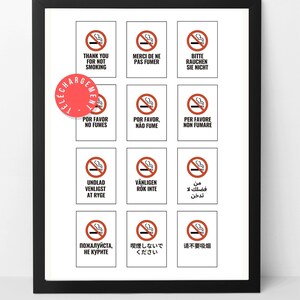 Peut inclure: Une affiche encadrée avec 12 panneaux de signalisation interdisant de fumer dans différentes langues. Les panneaux sont tous rouges et blancs et présentent une cigarette barrée. Les langues incluent l'anglais, le français, l'allemand, l'espagnol, le portugais, l'italien, le polonais, le japonais, l'arabe et le suédois.