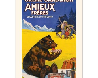 Illustration Cream Sandwich, Amieux Frères, Specialty of Périgord, 1910 Eugène Ogé Old Advertising Vintage Decor