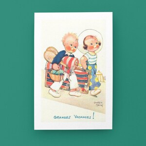 Artist Béatrice Mallet, Summer holidays Old illustration, vintage postcard. Children's decor