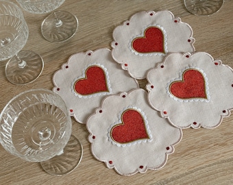 Red Heart Linen Coctail Napkins with Pink Details / Special Gifts / Birthday Gifts / Valentines Day / Coasters / Heart Coasters