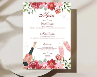 Modello di menu per addio al nubilato floreale: menu di nozze rosa (download digitale)