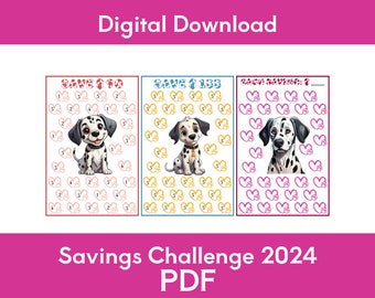 Experience savings joy with Savings Challenge 2024! Smart budgeting, A6 fit, vibrant PDF, playful Dolmatis. Act now! #Savings2024