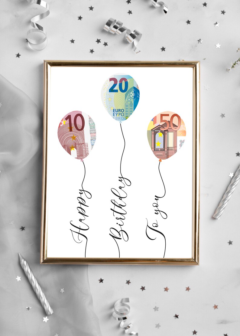 May include: A white card with a gold frame features three money balloons with the text "Happy Birthday to you" written in black cursive.