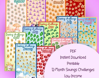 12-Month Savings Challenges ~ Gnome Savings Challenges ~ Save 1262 euro ~ Low Income ~ Daily Savings ~ PDF