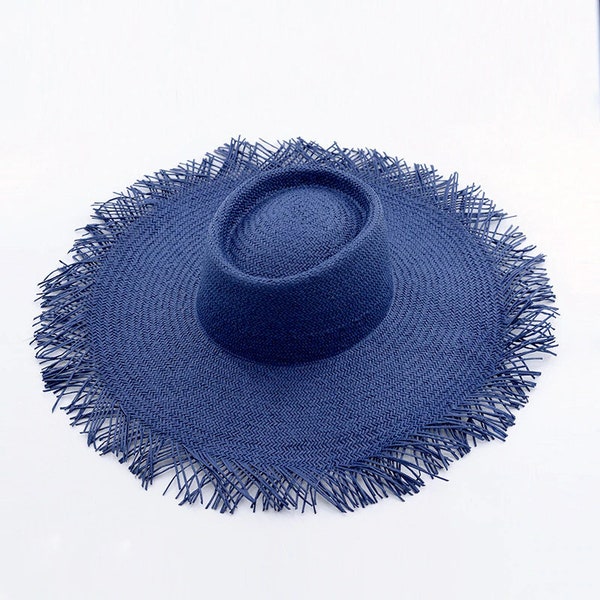 Chapeau de paille Artisanal pour Femmes et Hommes, Panama Bleu Gris Blanc Noir, Accessoire Élégant de Plage, Voyage Vacances, Haute Qualité