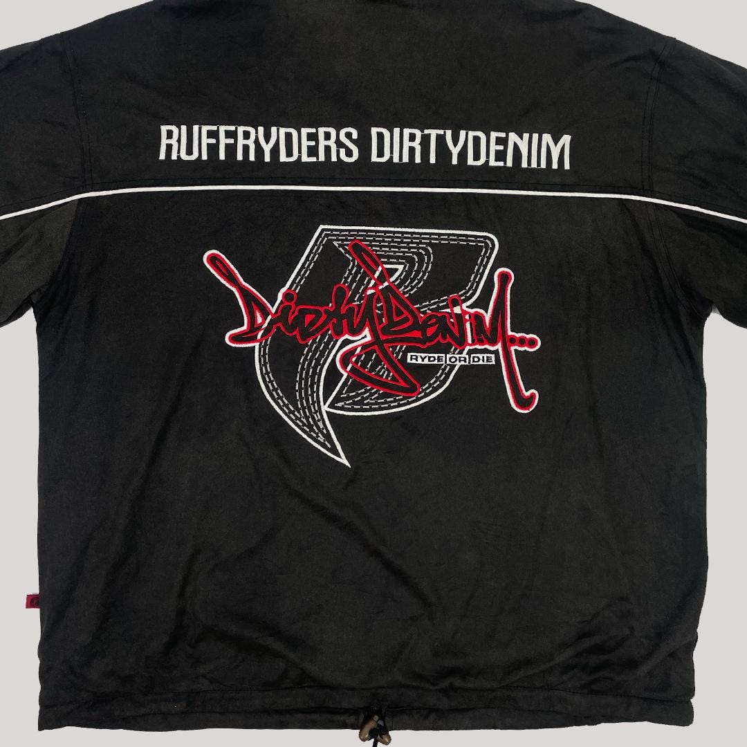 Vintage 90s Ruff Ryders Dirty Denim Embroidered Big Logo Hip Vintage 90s Ruff Ryders Dirty Denim Embroidered Big Logo Hip
