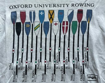 Vintage 90s Oxford University Rowing Team Boat Club College Tee Single Stitched Medium Size Paddles Graphic Colourful T-Shirt