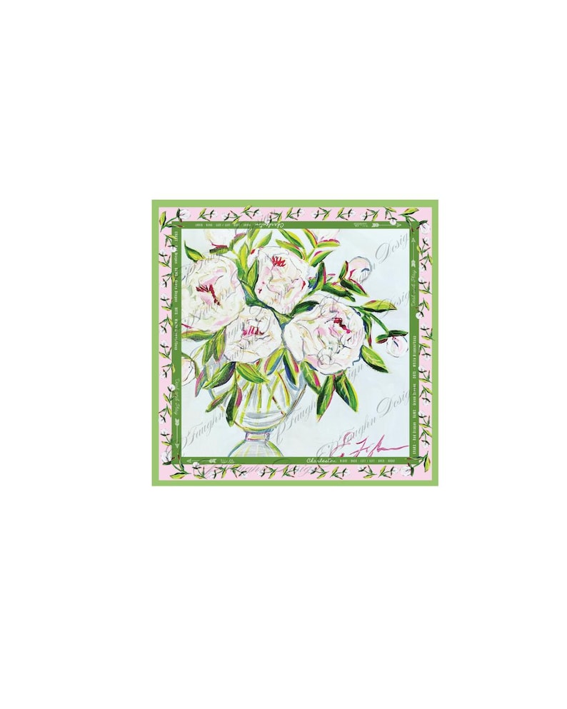 May include: A square print featuring a watercolour illustration of white peonies in a clear glass vase. The artwork is framed with a green border and a pink inner border. The artist's signature is visible.