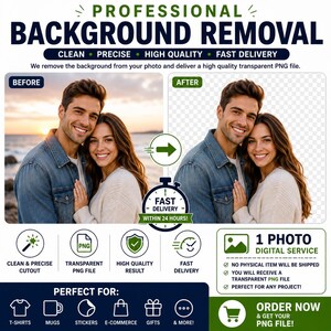 Puede incluir: Un anuncio de servicio digital para la eliminación profesional de fondos. El gráfico muestra una comparación de antes y después de una pareja, exhibiendo la escena de playa original y la imagen resultante con fondo transparente.