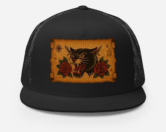 Black Panther Rose Hat – Tattoo Flash Trucker Cap – Vintage Style DTG Print