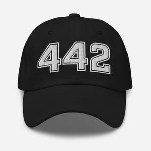 May include: Black baseball cap with the number "442" embroidered in white. The hat has a curved brim and a button on top. The numbers are outlined in white.
