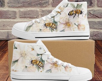 Floral Bee | Converse Style High Top Sneakers | Vans Style Sneakers | Womens Shoes | Best Gift | Floral Sneakers