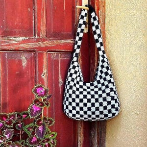 Handmade Black Checkered Crochet Bag, Shoulder Bag, Hot Girl College Bag, Modern Pinterest Tote Bag, handmade bag, hobo bag, college bag