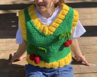 Handmade  Cherry Vests, Knitted Patchwork Sweater, Knitted Crochet, Boho Sweater, Hippie Festival, chunky sweater, back to school outfit