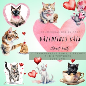 Valentine Cat Watercolor Clipart: Transparent PNGs for Commercial Use