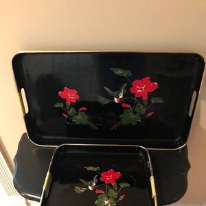 Two black and red Lacquer trays vintage made in Japan