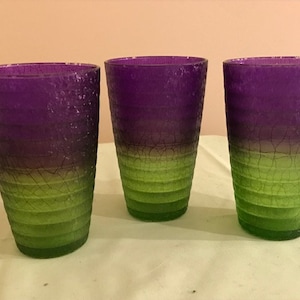 Three Vintage PURPLE AND GREEN tumblers/glasses. Duralex France, frosted,ribbed, crackle look