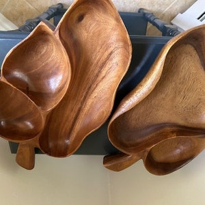 TWO! Vintage Blair Hawaii Monkey Pod Wood Leaf Design Trays, 1960&#39;s
