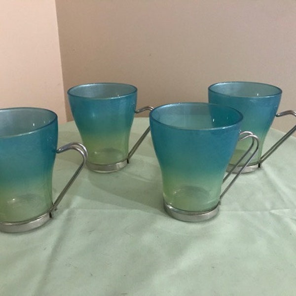 Vitrosax Italy Cappuccino Coffee/Tea Cups Glass Mugs Stainless Steel Handle Aqua Blue and light green