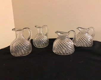 Vintage Blown Three Mold Clear Glass SWIRL Flat Bottom Pitcher / Creamer set of FOUR, 2 fatties and 2 skinnies