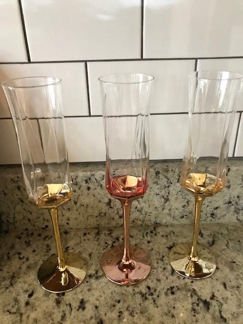 Set of 3  Rose Gold and GOLD Long Stem Geometric Champagne Flutes Elegant