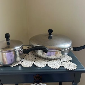 VINTAGE FARBERWARE  10 1/4 inch skillet with lid and 1 quart sauce pan made in USA collectible cookware aluminum clad bottom
