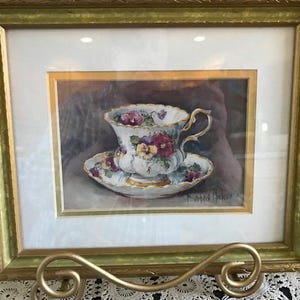 BARBARA MOCKS TEACUP series in orig. frames.Set of 4!Beautifully painted teacups with lovely flower designs.Rare find of 4!Gold&green frames