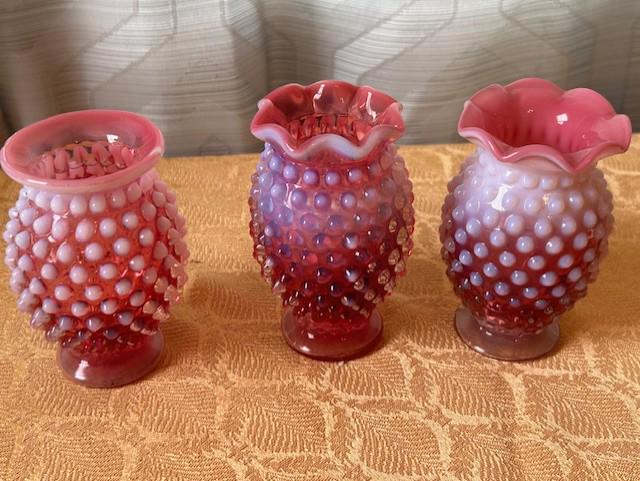 THREE Vintage Small Fenton Vases /cranberry Opalescent / Hobnail