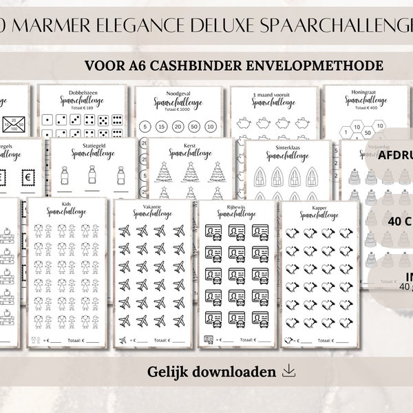 40 Marmer elegance deluxe spaarchallenges & trackers | A6 budget binder | Envelopmethode | Cashstuffen | Budget | Spaarmethode | Digitaal