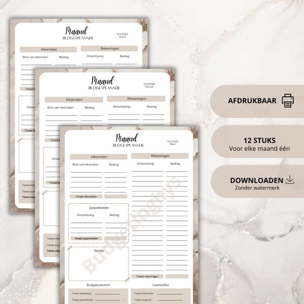 Marmer elegance maand budgetplanner pakket | 12 budgetplanner | Cashstuffen | Financiële planner | Begrotingsblad | Nederlands | Budgetteren