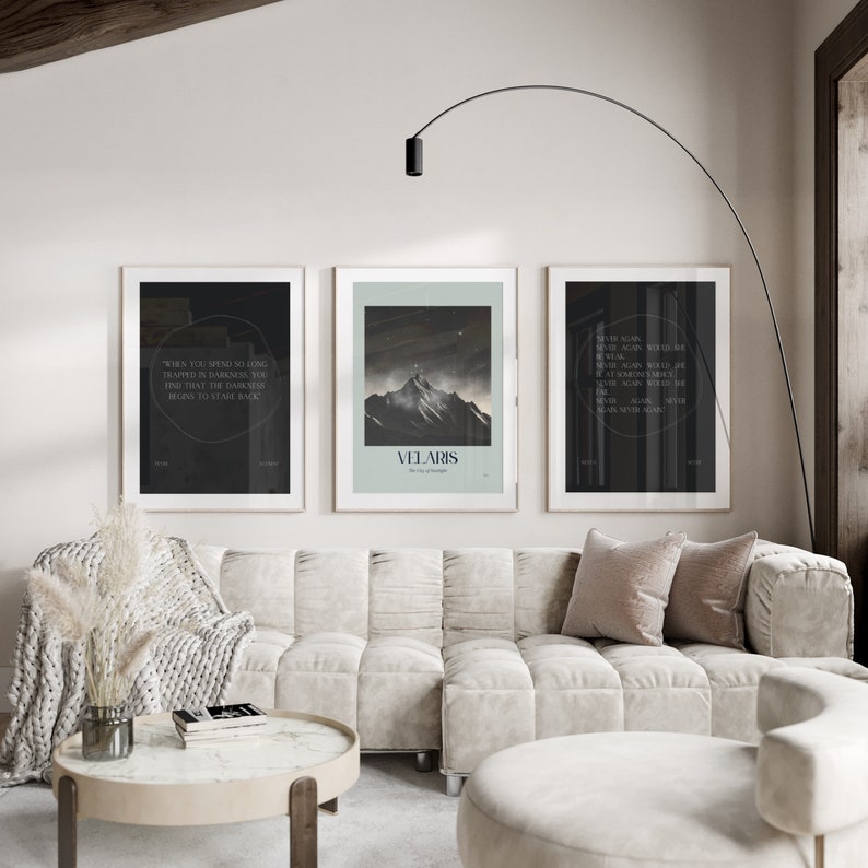 May include: Three framed black and white posters with text and a mountain scene. The text on the posters reads "When you spend so long trapped in darkness you find that the darkness begins to stare back" and "Velaris The City of Whispers".