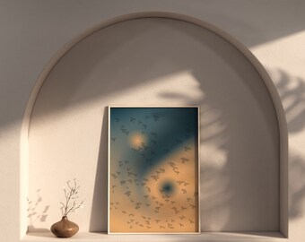 Moody Yin and Yang Print Blue and Orange Art Birds Flying Modern Wall Art Contemporary | Nina Makes Graphics