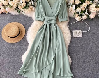 Women Linen Summer Maxi Dress Women Linen Puffy Sleeve Dress with Belt V Neck Wrap Dress Gift for Her Midi Tunic Dress Puff Sleeve Kimono