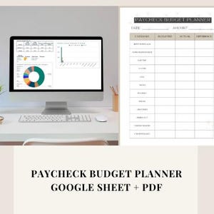 Peut inclure: Un ordinateur affiche des données financières, avec des graphiques et des tableaux. Un "Paycheck Budget Planner" imprimé est à droite. Le texte "PAYCHECK BUDGET PLANNER GOOGLE SHEET + PDF" est en bas.