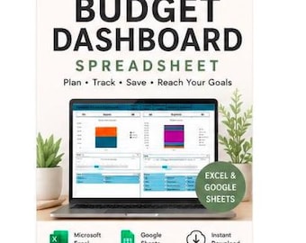 May include: A digital product display featuring a laptop screen showing an Ultimate Budget Dashboard Spreadsheet with charts and tables. Text includes Plan, Track, Save, Reach Your Goals, Excel & Google Sheets, Microsoft Excel, and Instant Download.