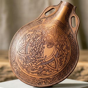 May include: A brown leather flask with an intricate Celtic knot design. The flask has a rounded body with a handle and two carrying holes. The detailed carving features a central motif surrounded by interwoven patterns.
