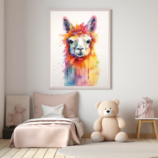 Playful Llama Pal: Cheerful Watercolor Portrait for Young Art Enthusiasts Perfect for Kids' Rooms Portrait for Children's Decor