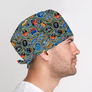 NASA scrub hat, space surgical cap, surgery, OR, washable cotton mens surgical skull hat, gift for surgeon, doctor, nurse, dentist