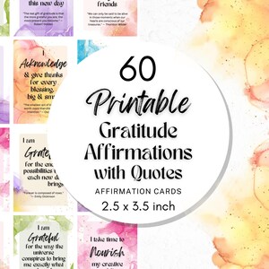 Tarjetas de afirmación de gratitud, 60 citas diarias imprimibles para un diario de tablero de visión de atención plena, tarjetas de autocuidado, baraja de afirmaciones positivas