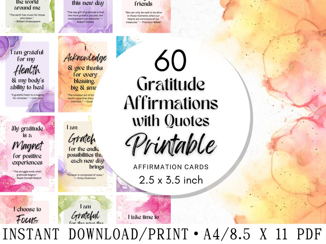 Gratitude Affirmation Cards 60 Printable Daily Quotes for Mindfulness ...