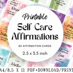 Self care Affirmation Cards Colorful daily affirmation cards Printable self-love cards Positive self-affirmation deck Journaling prompts