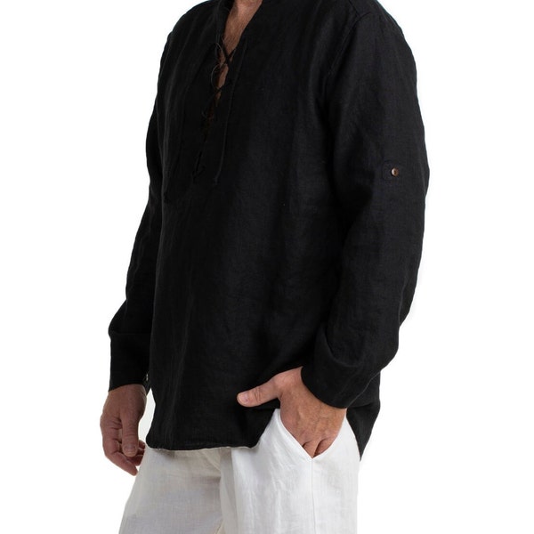 Men's Linen Shirt, V-Neck Summer Shirt, Casual Long-Sleeve Flax Shirt, Front Closure With Linen Cord and Small Stand Collar Around The Neck.